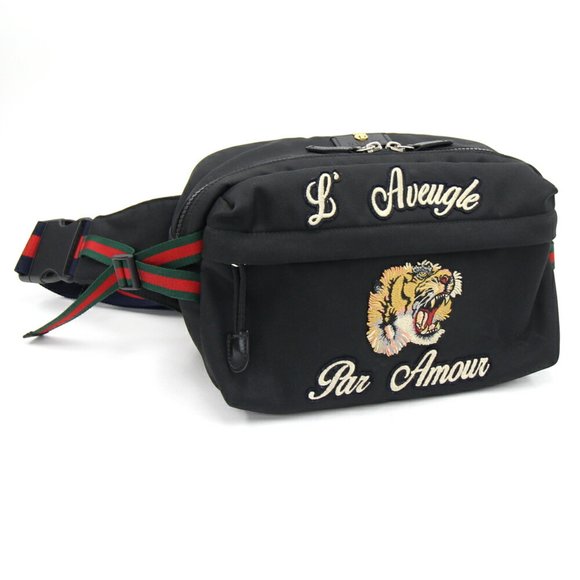 Gucci Bags Gucci Body Bag 47785 Black Red Green Canvas Mens Waist Pouch Tiger Techno G